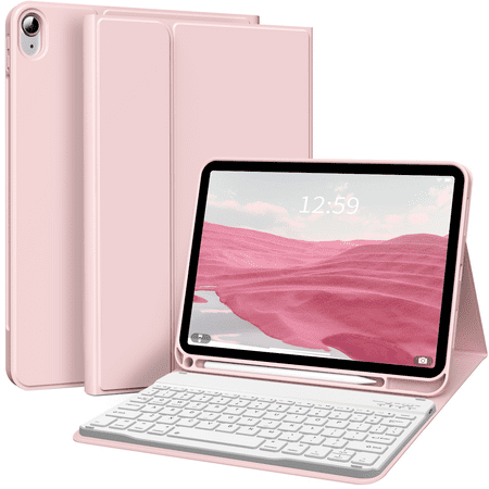 Aoub iPad 10th Generation Keyboard Case with Pencil Holder, Magnetic Detachable Wireless Bluetooth Folio Stand Rechargeable Keyboard Cover for iPad 10th 10.9 inch A2696 A2757 A2777, Pink