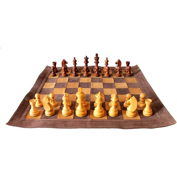 Stonkraft 19" x 19" Genuine Leather Roll-Up Tournament Chess Set   Wooden Chess Pieces - Suede Leather - Brown - 3.75" Inches King Height