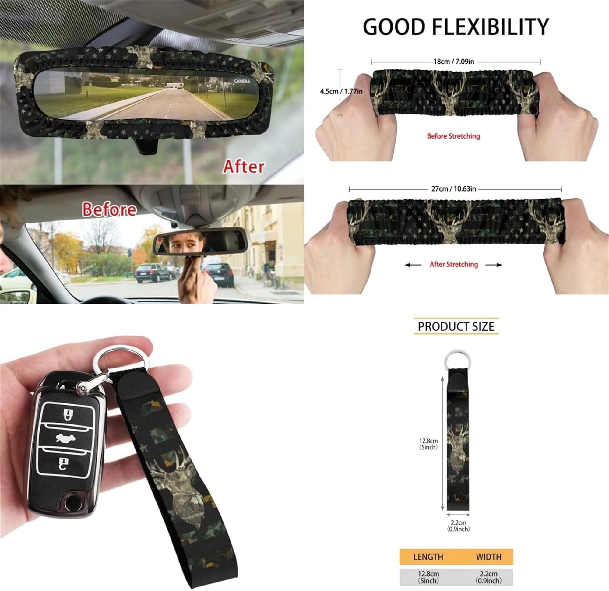Jeiento Deer 12 Pcs Front Car Seat Cover Set with Bucket Seat Cover Steering Wheel Cover Seat Belt Pad Armrest Cover Coaster Trash Bag Air Vent Bag Rearview Mirror Cover Keychain American Flag Camo