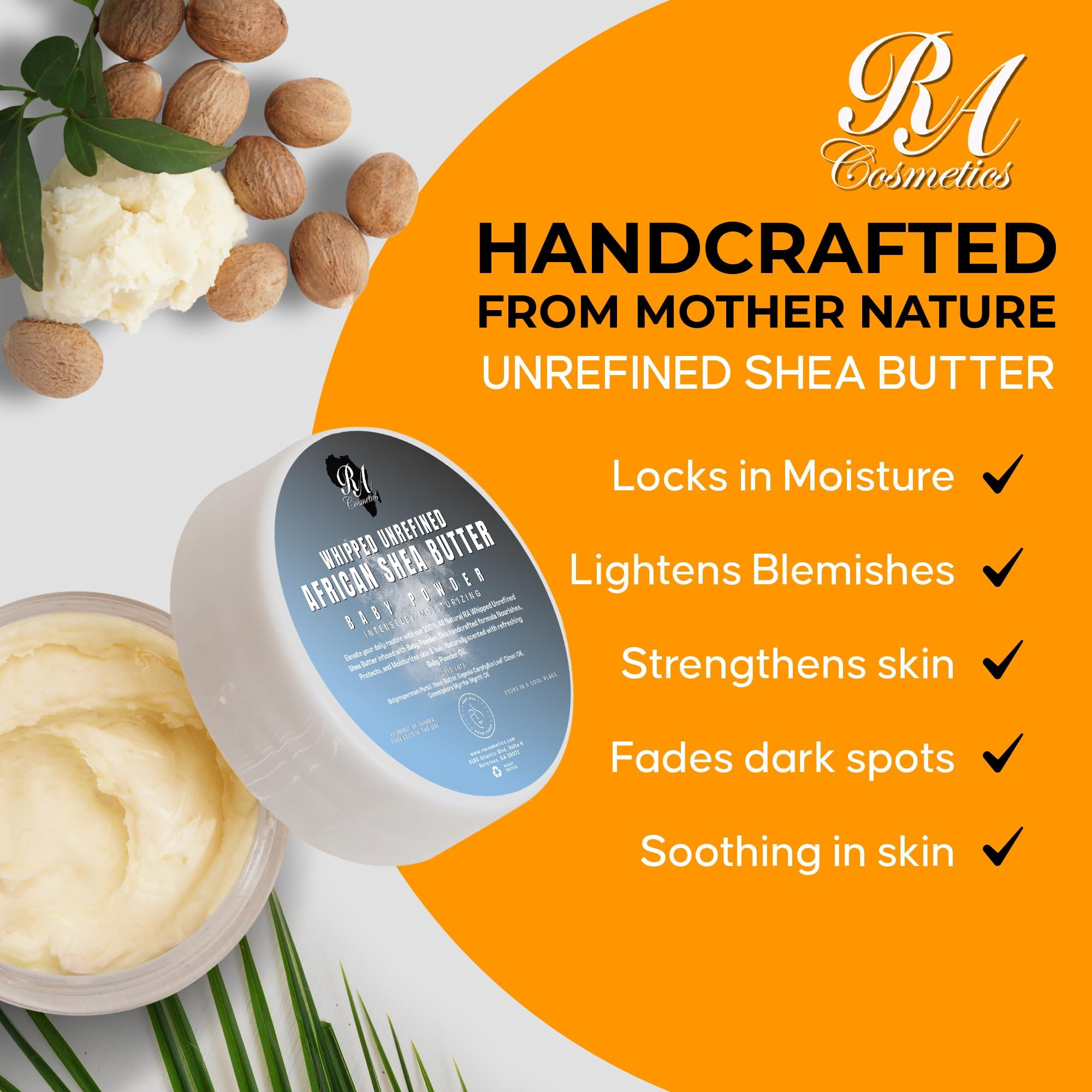 RA COSMETICS Whipped Shea Butter Baby Powder - 100% Pure and Natural African Shea Butter - Ultimate Handcrafted Moisturizer with Essential Vitamins for Radiant Skin and Luscious Hair - 12oz Jar