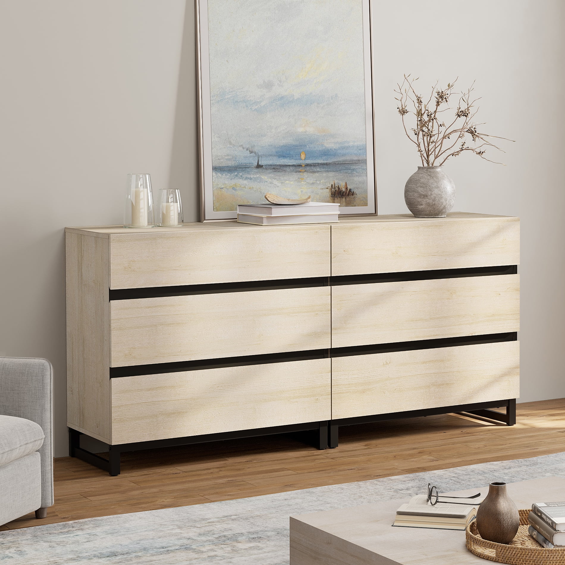 WAMPAT Modern TV Stand for TVs up to 70 inch, Entertainment Center TV Console Table with 6 Drawers and Metal Base, Media Console for Living Room, Bedroom, Light Oak