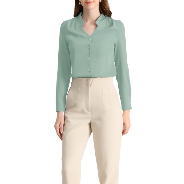 CAMISA DE BOTONES DE MANGA LARGA EN V ELEGANTE PARA MUJERES CHIC L VERDE CLARO