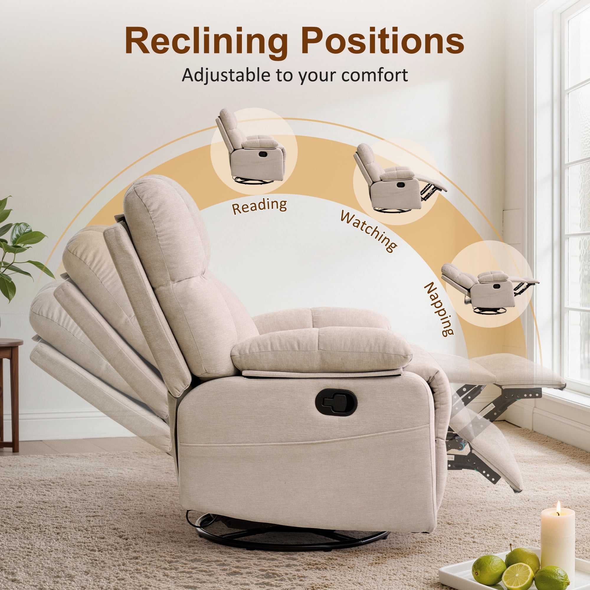 GEEYOO Swivel Rocker Recliner Chair for Adults,360°Swivel Nursery Recliner with Side Pockets,Small Recliner Chair for Small Spaces for Living Room,Linen,Khaki