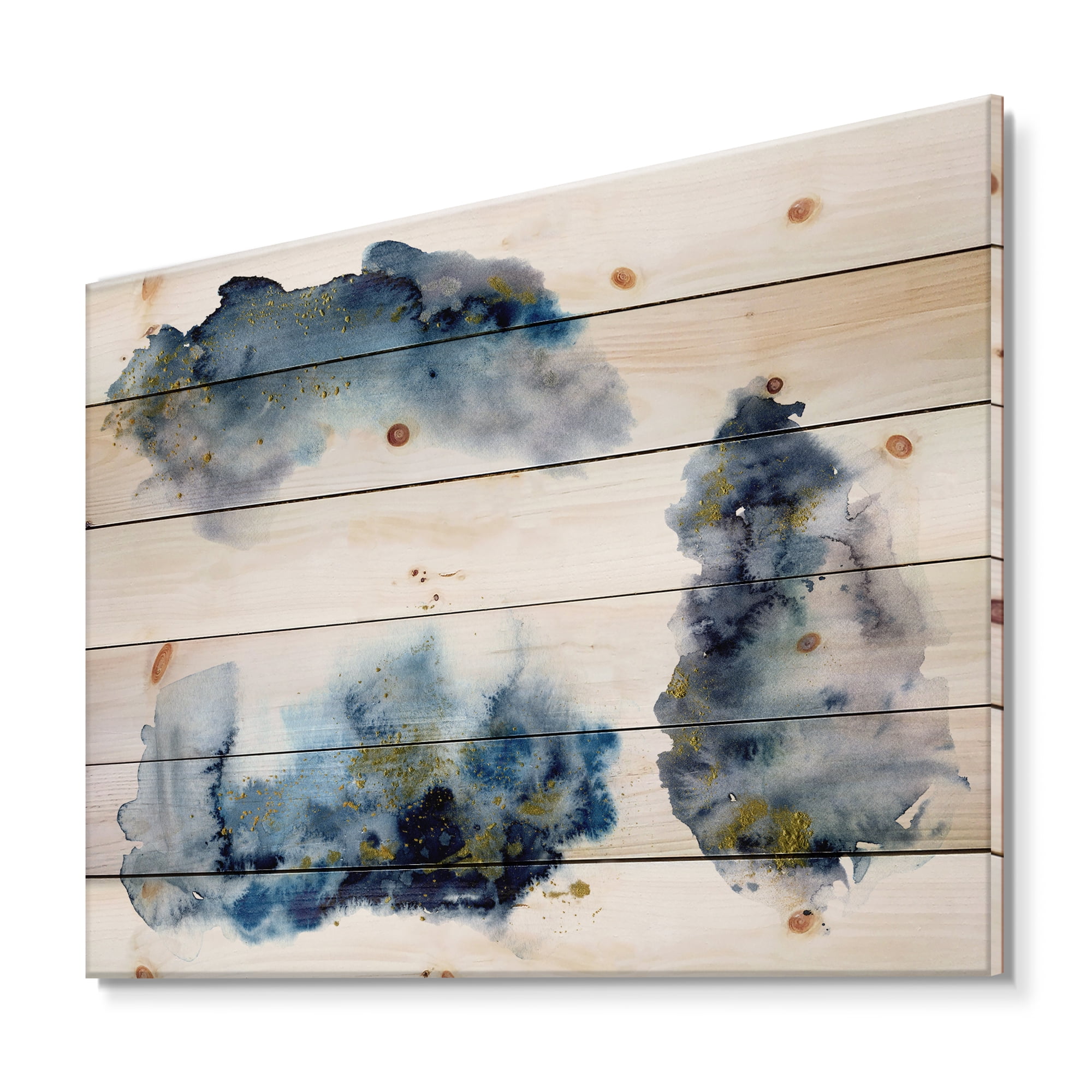 Designart 'Gray and Blue Clouds With Golden Glitter' Modern Print on Natural Pine Wood