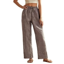 Women's Casual Pants Drawstring Striped Elastic Waist Straight Leg Trousers Trendy Loose Fit Summer Vacation Joggers with Pockets
