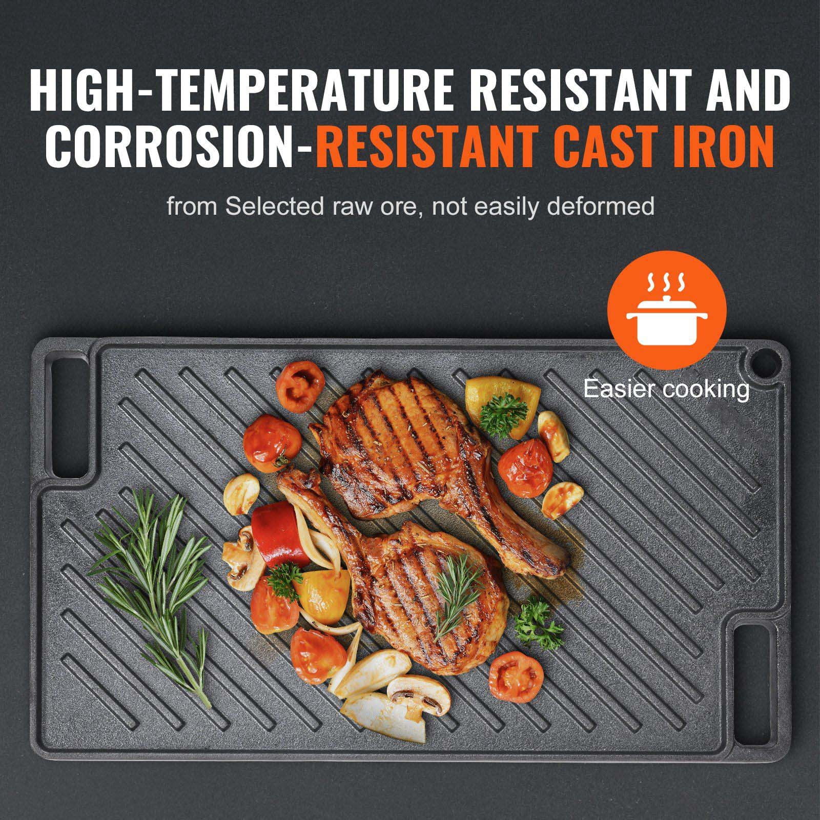 Cast Iron Griddle 9.7x16.7 Inch, Pre-Seasoned Double Burner Grill Pan, Non-Stick Flat Top for BBQ, Gas Grill, Stovetop - Black