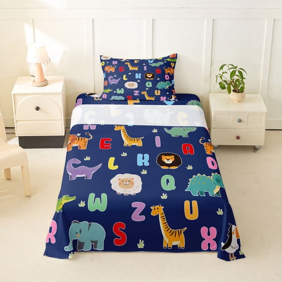 Erosebridal Dinosaur Elephant Giraffe Twin Sheet Sets,Multicolor Letter Lovely Cute Animals Bedding For Boys Kids 3 Pieces