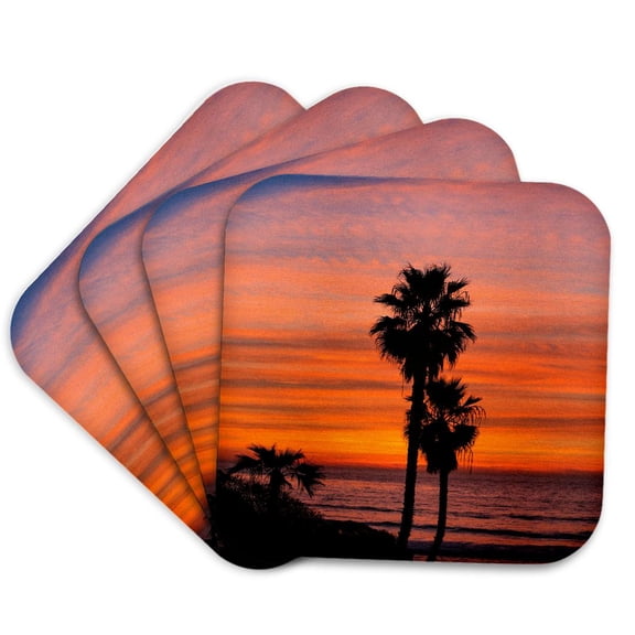 3drose, Solana Beach, San Diego Co., California. Palm Trees at Sunset, Set of 4 Coasters - Cork