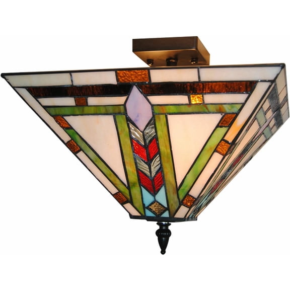 Tiffany Semi Flush Mount Ceiling Light Mission Style Hanging Lamp 2-Light 14" Stained Glass Pendant Light for Dining Room Bedroom Living Room Hallway