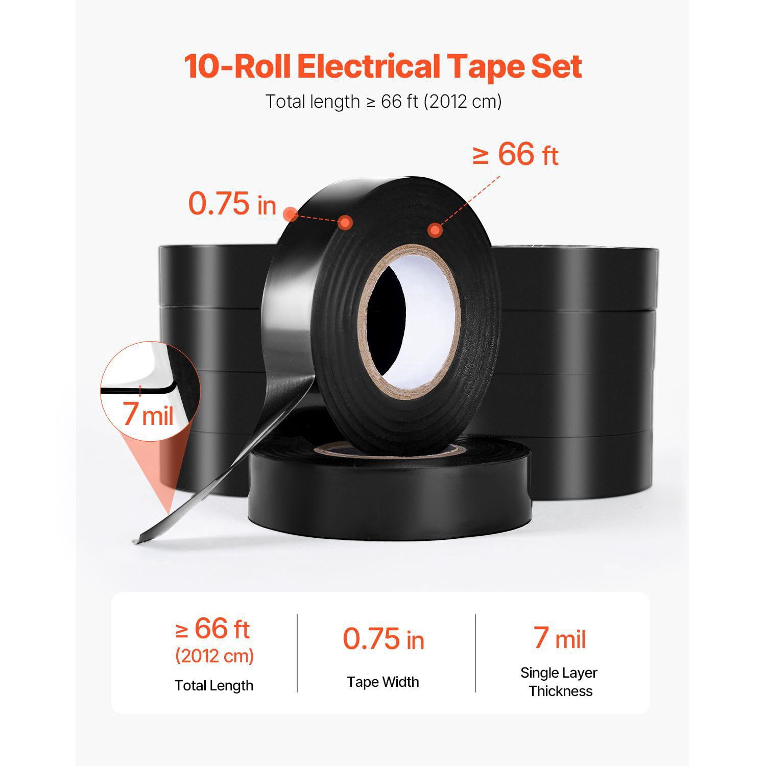 600V Electrical Tape 10 Rolls 3/4 in x 66 ft PVC Insulating Wire Flame Retardant Waterproof Weather Resistant for Electrical Equipment Black