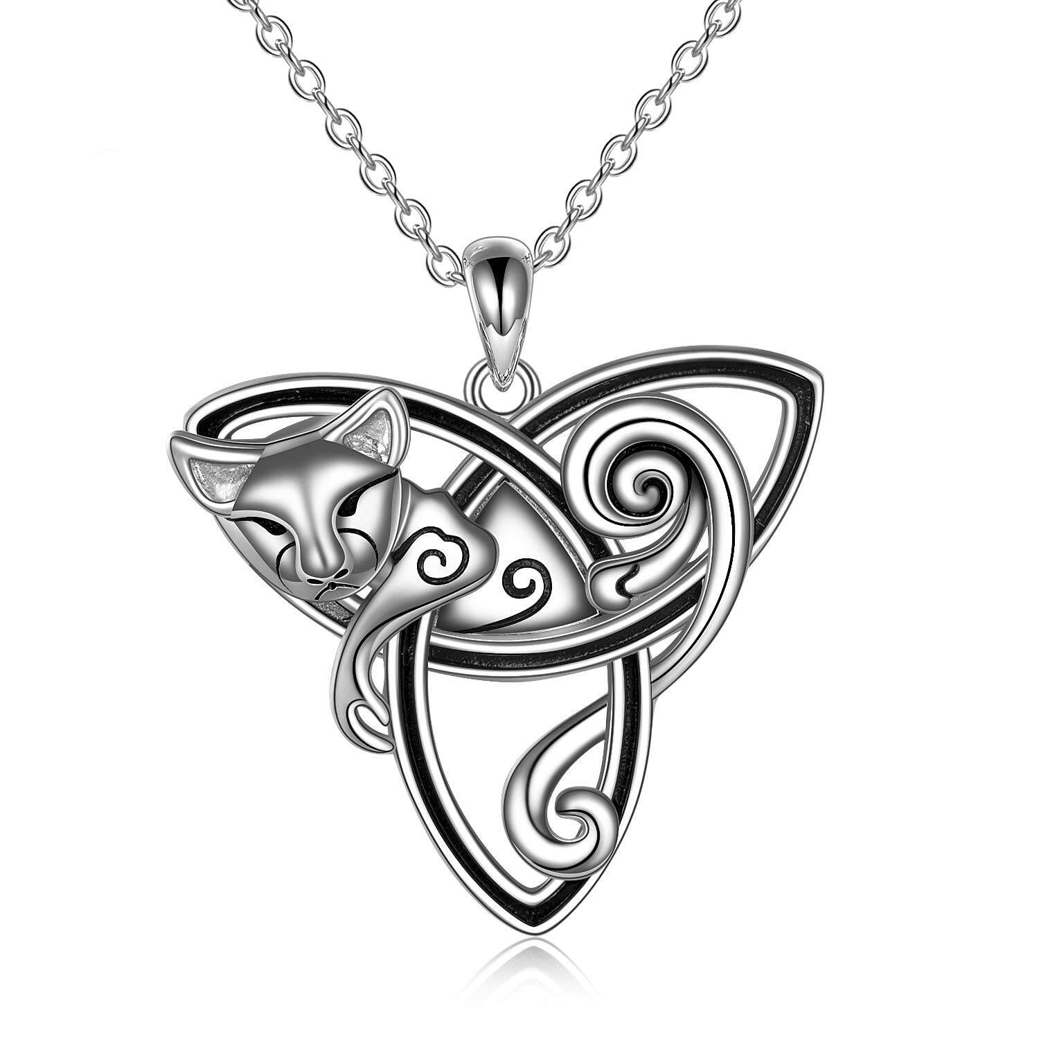 Triquetra Trinity Triple Celtic Knot Cat Pendant Necklace with Gift Pouch 