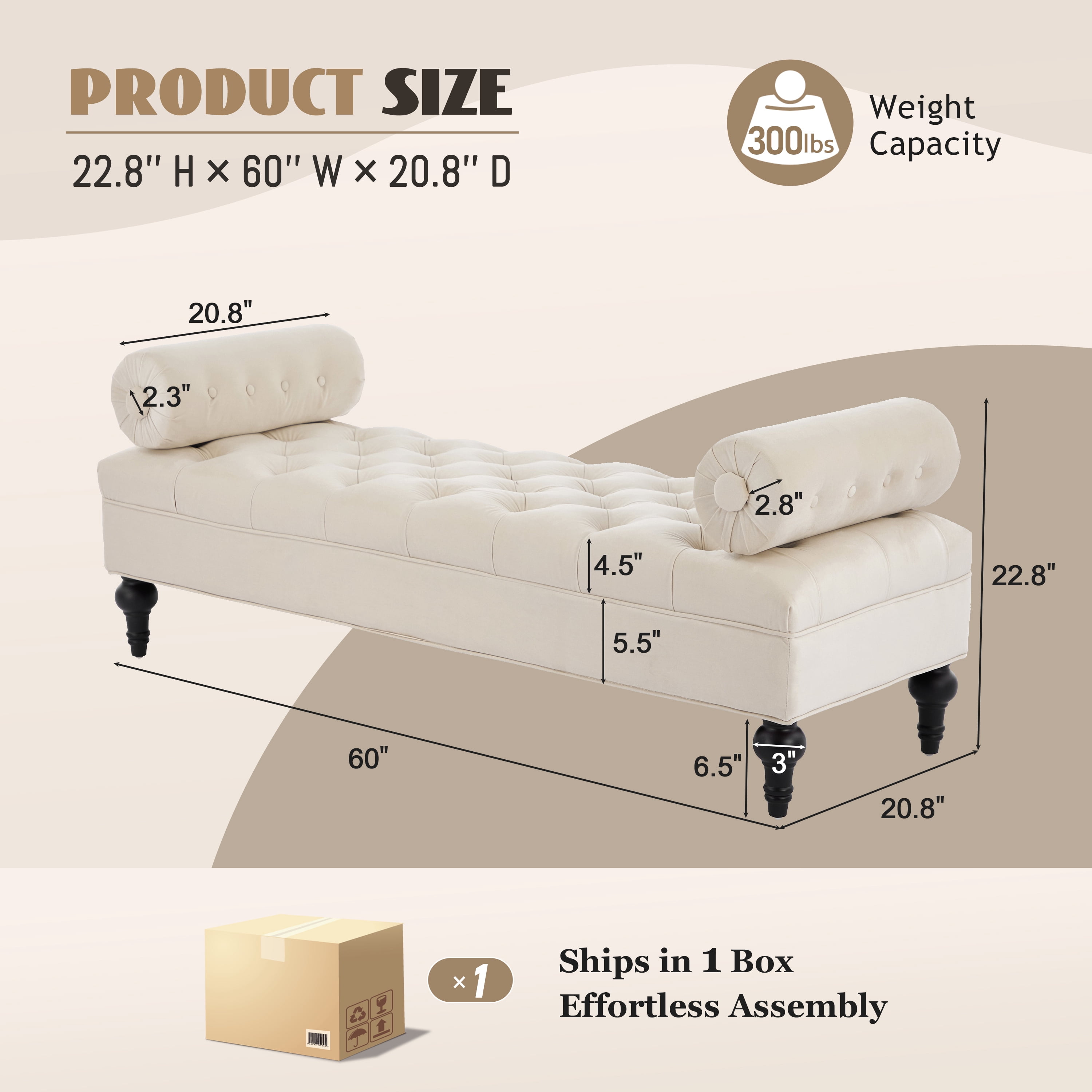 Alvantor End of Bed Benches Velvet Upholstered Bench with 2 Detachable Pillows for Bedroom,Living Room, Entryway Beige