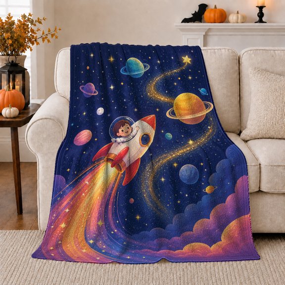 Space Exploration Cartoon Astronaut Rocket Cosmic Adventure, Peaceful Mountain Lake Scene, Warm Flannel Blanket for Cabin and Lodge, Outdoor Lovers Camping Gift, Rustic Home Decor