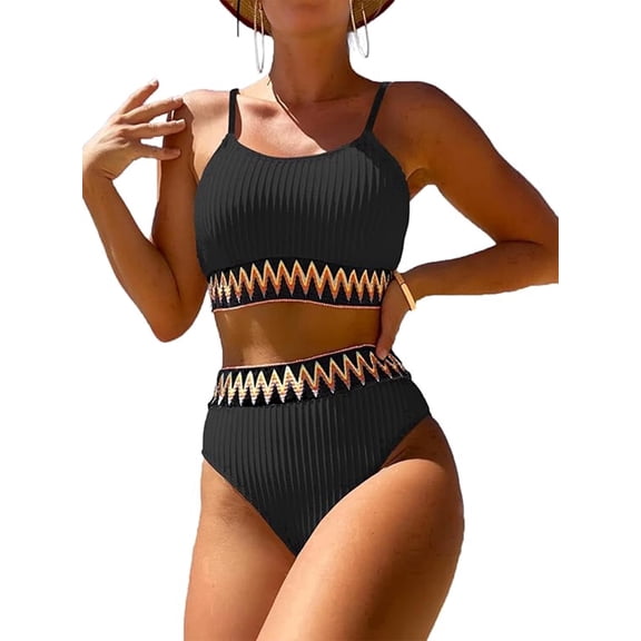 SOMER Women's High Waisted Bikini Set Two Piece Bathing Suits Swimsuit Tummy Control Swimwear Black