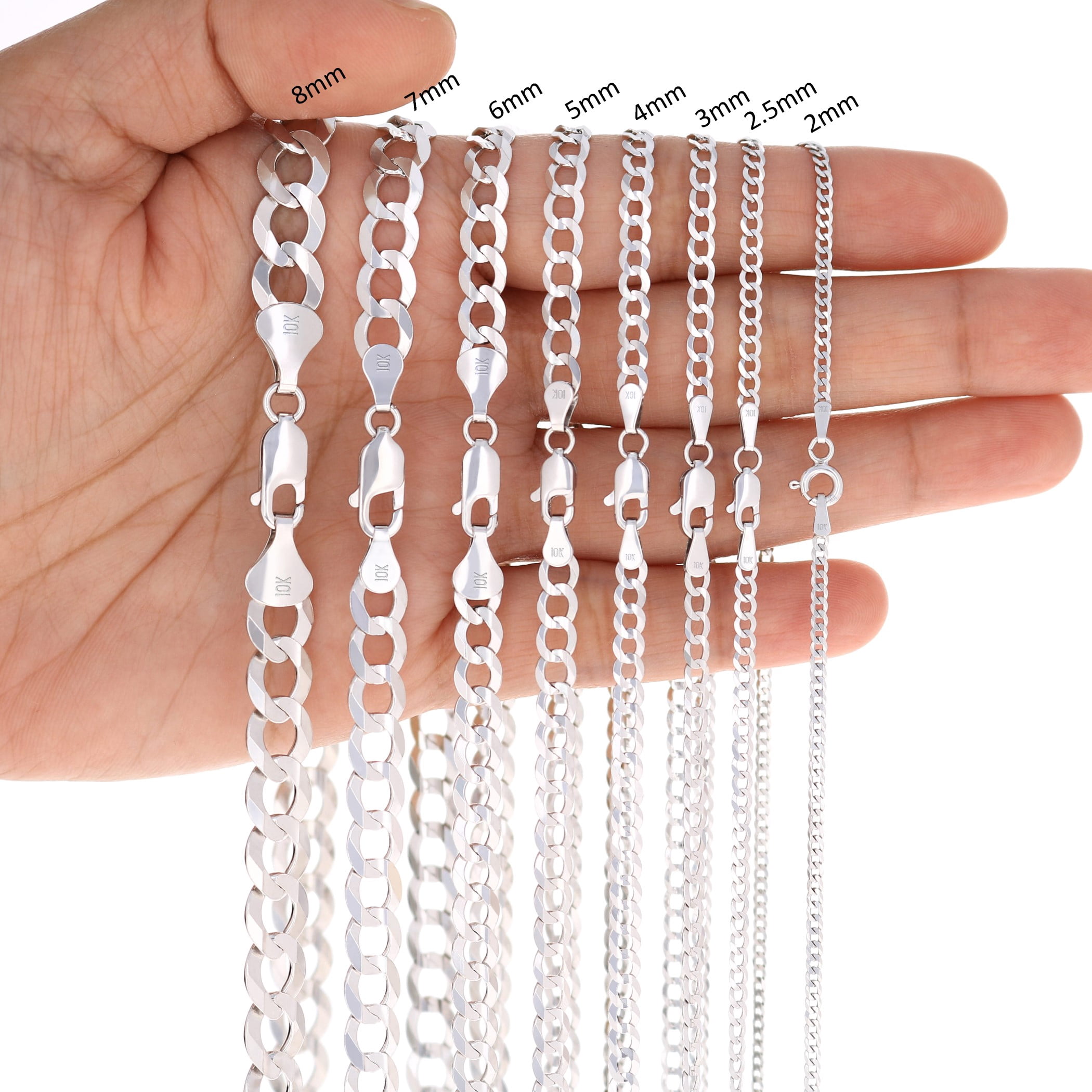 Nuragold 10K Real White Gold Solid Cuban Curb Link Chain Necklace 16"-30" (2mm-7mm) Italian Jewelry for Men & Women