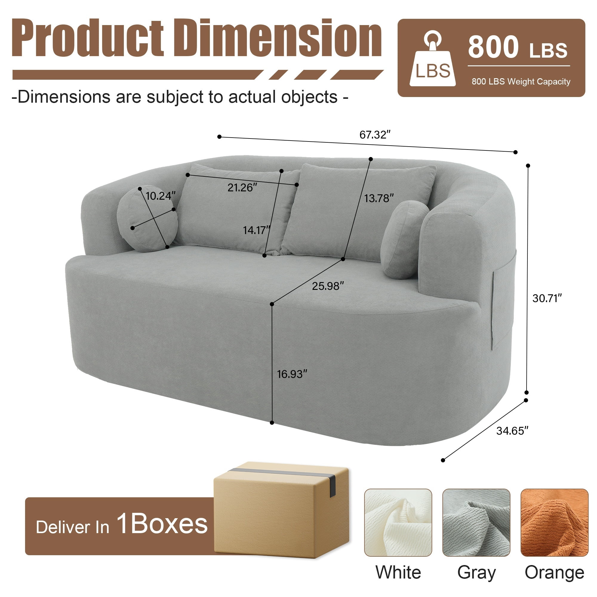 Loveseat Sofa-in-a-Box, 67" Chenille 2-Seater Couch with Deep Seats, 32D High-Resilience Foam, No Assembly Required, for Living Room, Small Space, Gray