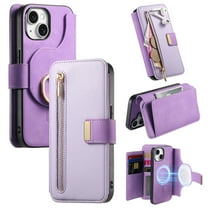 2 in 1 Wallet Case for Aapple iPhone 13, Detachable Magnetic Back Cover Cards Slots Zipper Pocket Ring Holder Magnetic Closure Protective Drop Proof Case Cover for iPhone 13, Purple