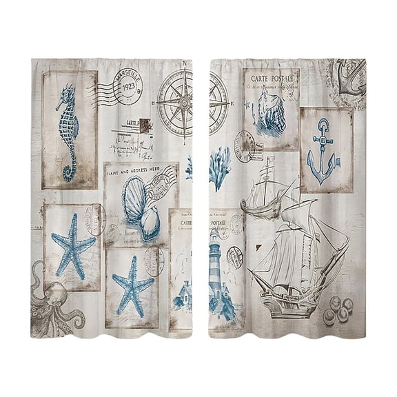 huayou 2 Pack Printed Kitchen Tier Curtains, 27.56x39.4 Inch Vintage Nautical Starfish Seahorse Anchor Postcard Short Window Curtains for Indoor Kitchen Coastal Home Decor