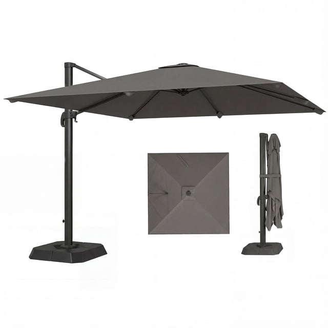 Parasol Déporté de 10 Pi pour Patio avec Base Lestée, Rotation à 360° et 5 Réglages d'Inclinaison, Auvent en Polyester Gris Foncé UPF30+ pour Terrasse, Jardin, au Bord de la Piscine et Salle à Manger Extérieure