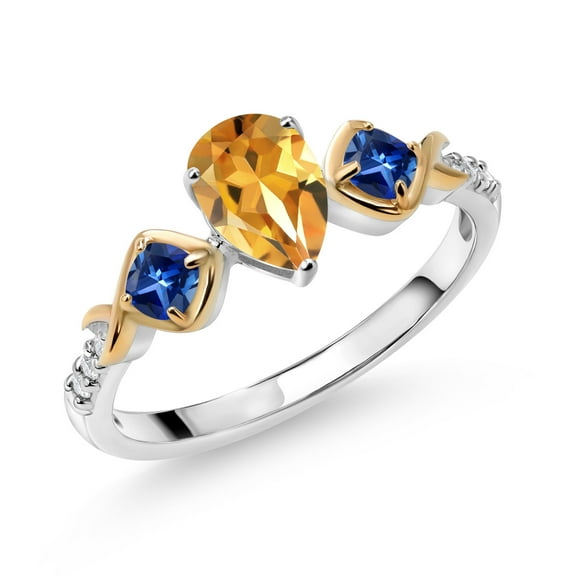 Gem Stone King 925 Silver and 10K Yellow Gold Yellow Citrine and Blue Created Sapphire Ring for Women (1.15 Cttw, Gemstone Birthstone, Size 8)