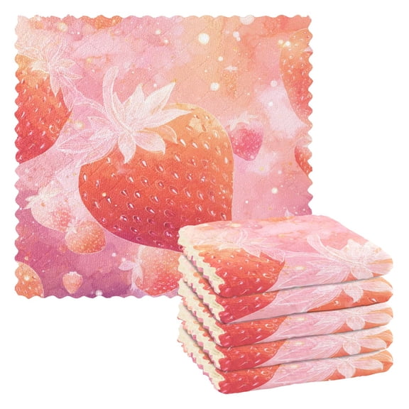 6 Pieces of Kitchen Towels 11x11Inch Kitchen Dish Cloths Kitchen Dish Towels Reuseable Cleaning Cloths Fresh Strawberry Illustration