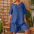 thumbnail image 2 of IWRICH Women's Short Sets 2 Piece Outfits Plus Size Linen Short Sleeve Shirts and Shorts Spring Summer Outfits Navy XXXL, 2 of 6