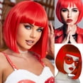 thumbnail image 2 of Peluca Bob roja con flequillo Pelucas Bob cortas de fibra sintética de 12 pulgadas para mujeres Pelucas Bob cortas y peluca Bob de Cosplay de Halloween con una gorra (rojo), 2 of 5