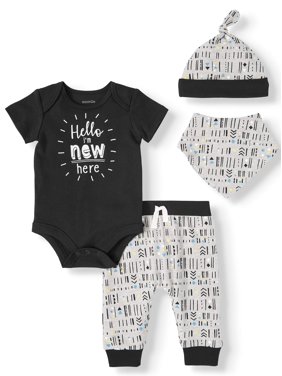 Miniville Baby Boy Short Sleeve Bodysuit, Jogger Pant, Bandana Bib & Hat, 4pc Outfit Set
