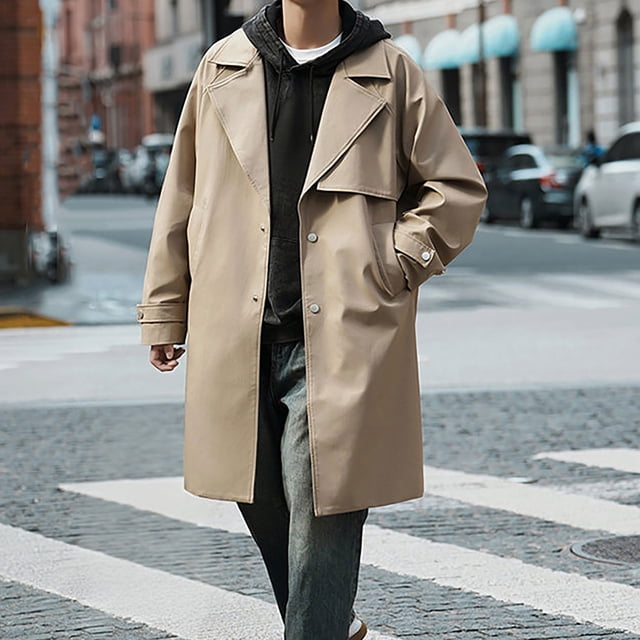 Yusimy Men's Slim Fit Mid-Length Trench Coat, Double Breasted Wool Blend Casual Overcoat, Solid Color Versatile Style