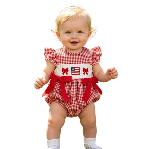 Bainana Baby Patriotic Bodysuit Girl'S Onesies July 4Th Clothes Ruffled Sleeve Crew Neck Plaid Bow Design Romper For USA Anniversary Red Size 6-12 Months