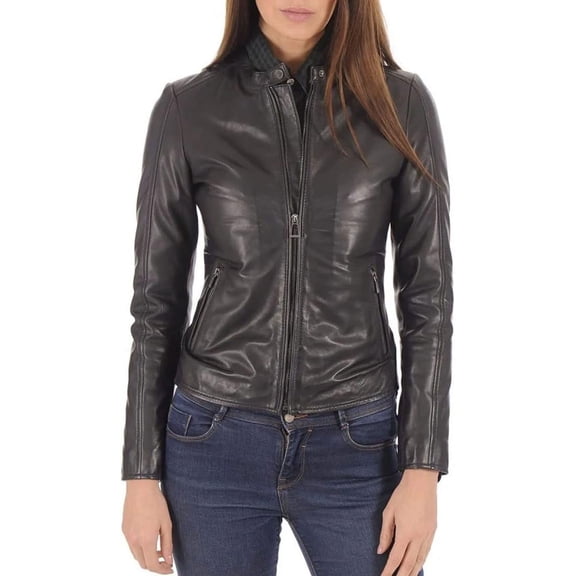 Women's Genuine Lambskin Leather Jacket Motorcycle Biker Leather Black Jacket W129