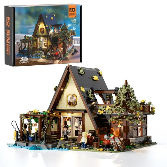 FUNWHOLE A-Frame Cabin Lighting Building Bricks Set - 2061 PCS Adult Construction Building Model Set for Adults and Teen