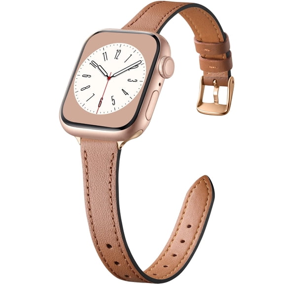 BANDOVA Slim Genuine Leather Band Compatible with Apple Watch, Women's Thin Replacement Strap, Brown with Rose Gold, 38/40/41mm