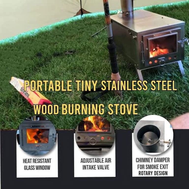 DANCHEL OUTDOOR Tiny Stainless Steel Folding Wood Stove,Portable Wood Stove  with Glass, Backpacking Tent Stove with 7.2ft Pipes for Winter Camping -  Walmart.com