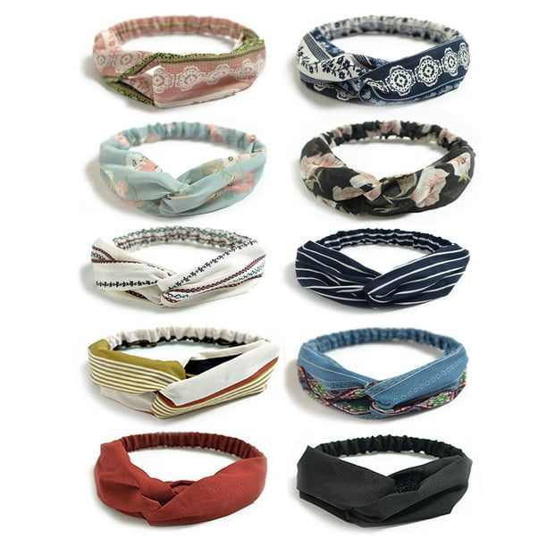 Coolmade 10 Pack Boho Headbands for Women Vintage Flower Printed Criss Cross Elastic Head Wrap