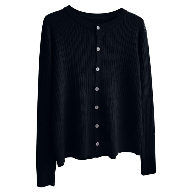 Timegard Hauts pour Femmes Automne Col Rond Boutons Manches Longues Chandails Confortables Couleur Unie Hauts Décontractés Mode