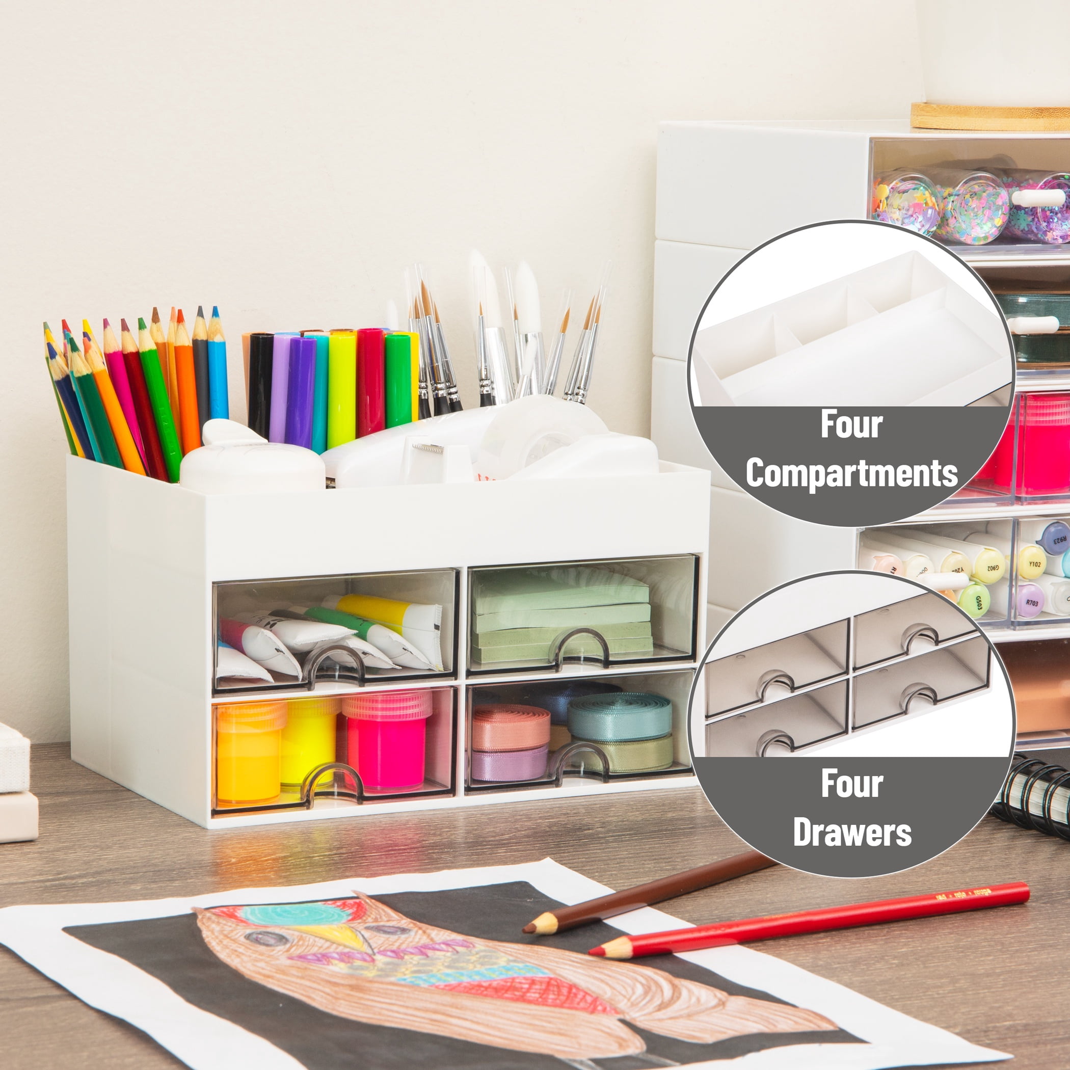 Mind Reader Craft Supply Organizer with Top Tray and 4 Drawers, Desktop Storage for Pens, Scissors, Tape, Beads and Accessories, Plastic, White