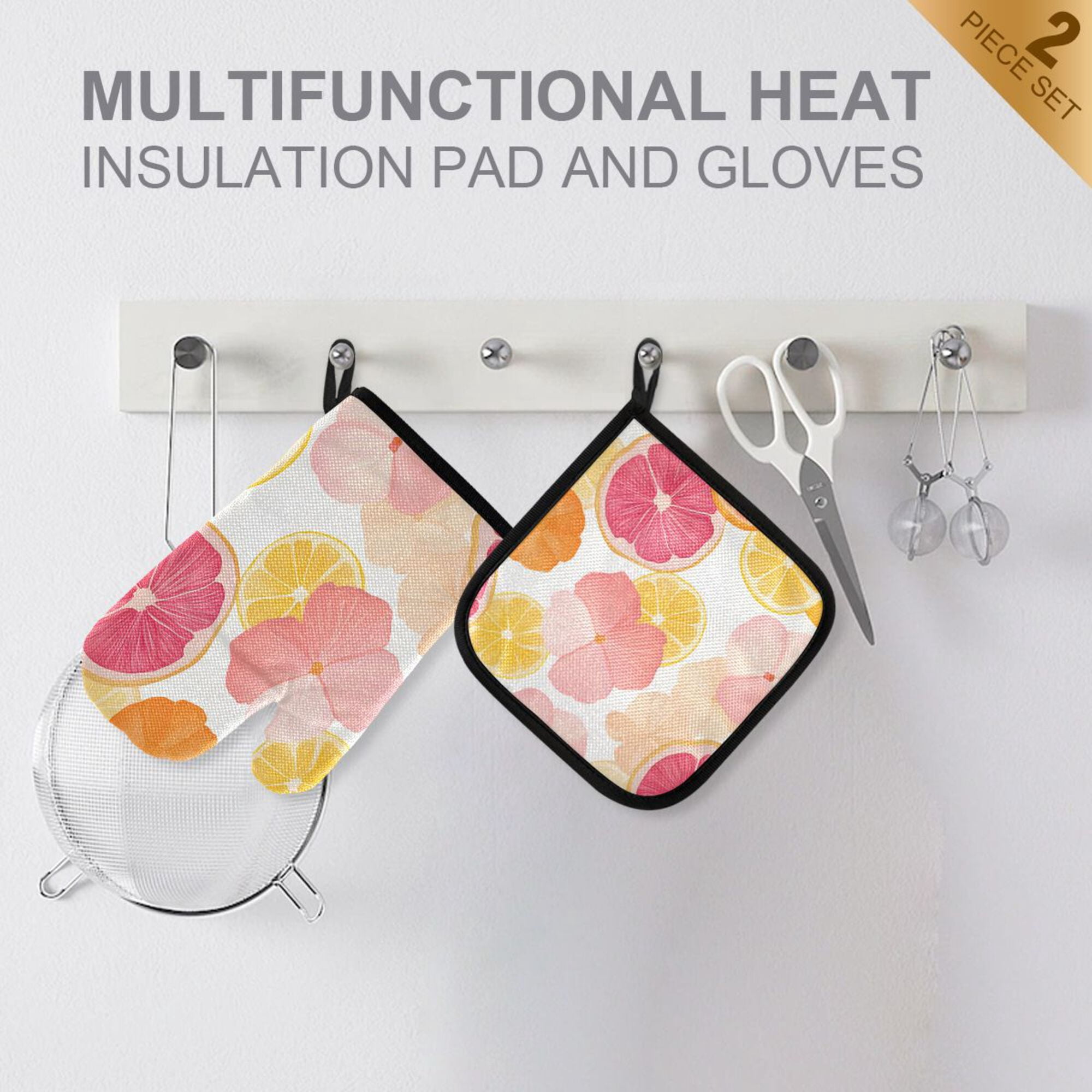 Yayeee Oven Mitts and Pot Holder Set of 2 Heat Resistant Kitchen Gloves Baking Hot Pad, Pink Floral Orange