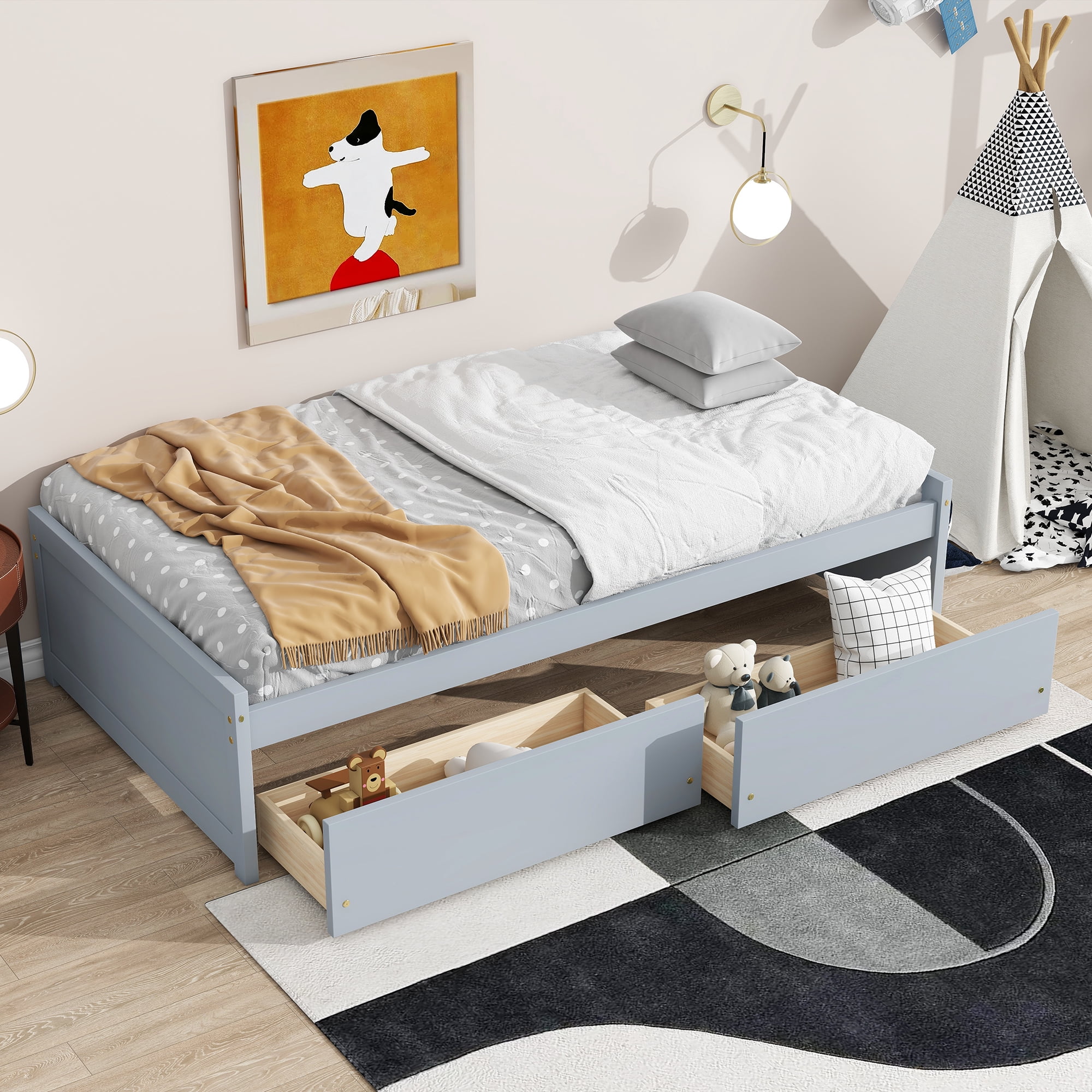 Sailvan Twin Size Bed with 2 Drawers, Solid Rubber Wood Bed