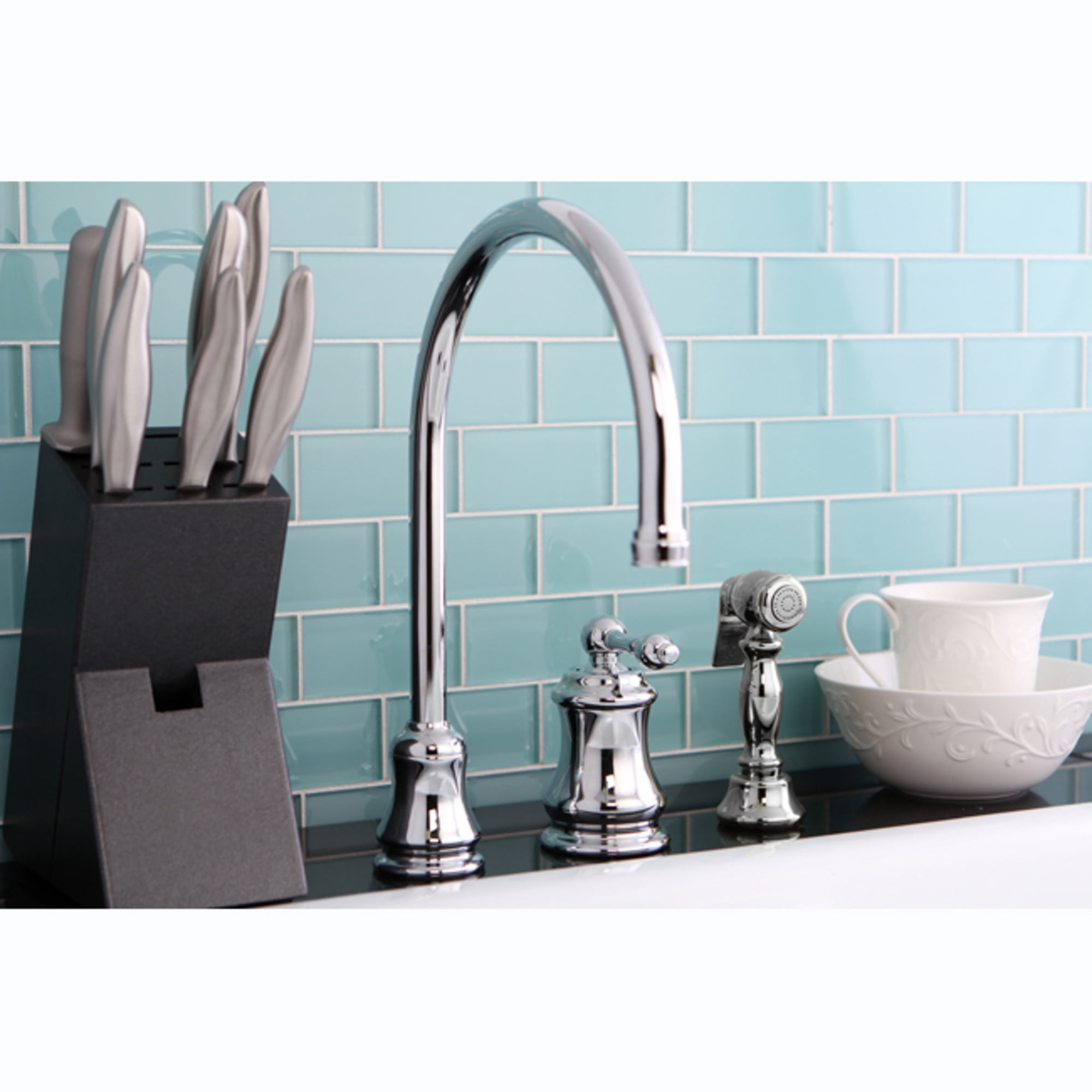 Kingston Brass KS3811ALBS Restoration Single-Handle 3-Hole Widespread Kitchen Faucet with Brass Sprayer in Polished Chrome