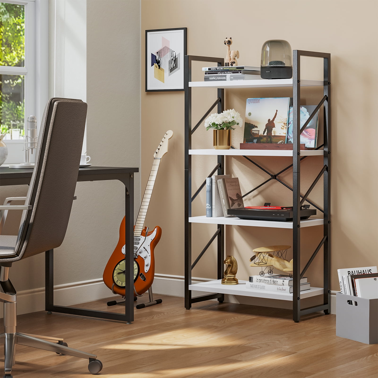 Dextrus 3-Tier Bookshelf, Ladder Bookcase, Industrial Freestanding Modern Open Display Storage Organizer Book Shelves ,Black and White