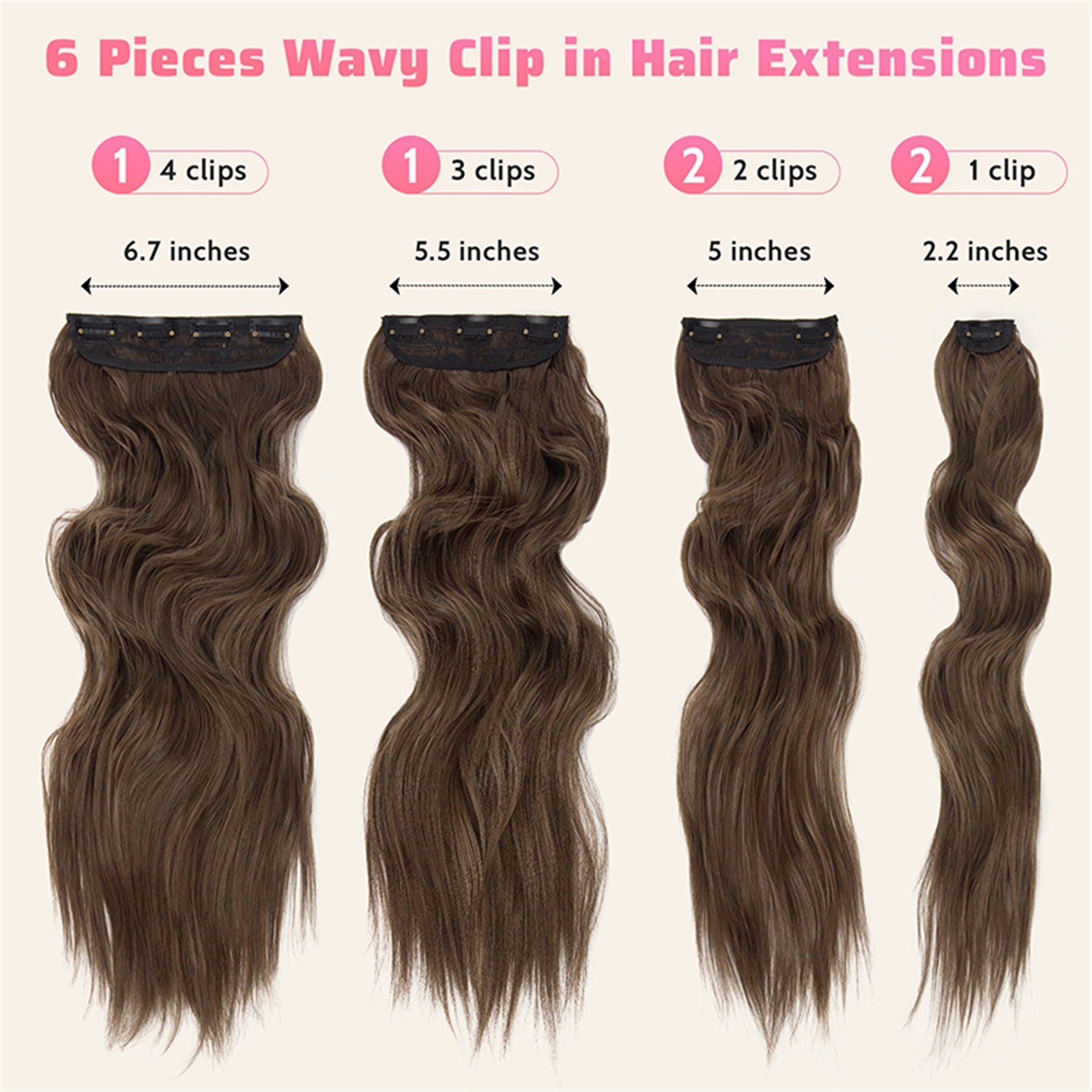 Clip in Synthetic Hair Extensions Long Wavy 6PCS Thick Hairpieces Natural Wavy Brown Hair Piece Double Weft Natural Hair Extensions 22Inch for Women