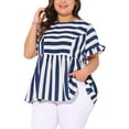 thumbnail image 4 of Blusa de verano casual babydoll de rayas para mujer Agnes Orinda de talla grande con mangas cortas con volantes 2025 3X Azul Blanco, 4 of 6