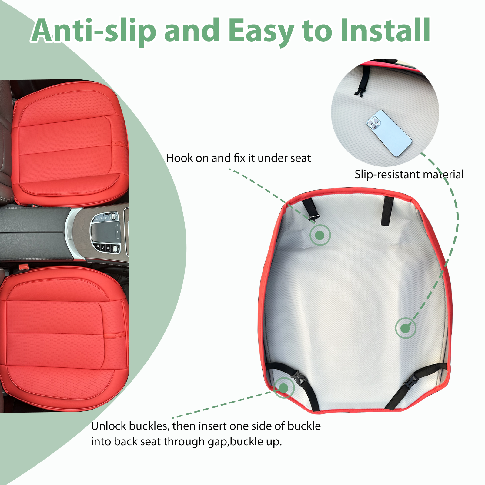 2 Pack Leather Front Car Seat Cover Bottom Only, Anti-Slip Padded Seat Cushion, Full Wrap Seat Protector with Storage Function Universal Fit for Most Cars, SUV, Pick-up Trucks (Red)