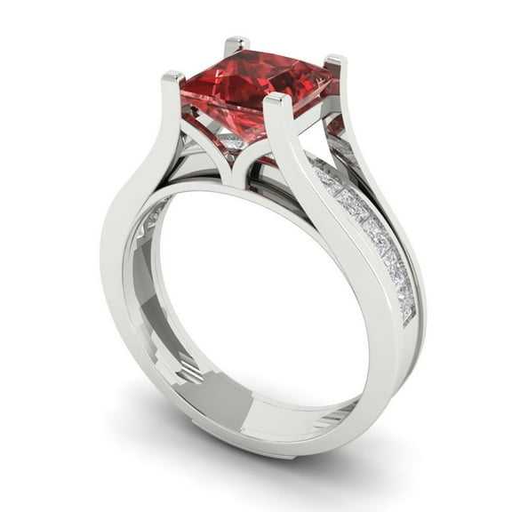 2.28 ct Brilliant Princess Cut Natural Garnet 14k White Gold Solitaire with Accents Engagement Bridal Wedding Ring Band Set size 6.25