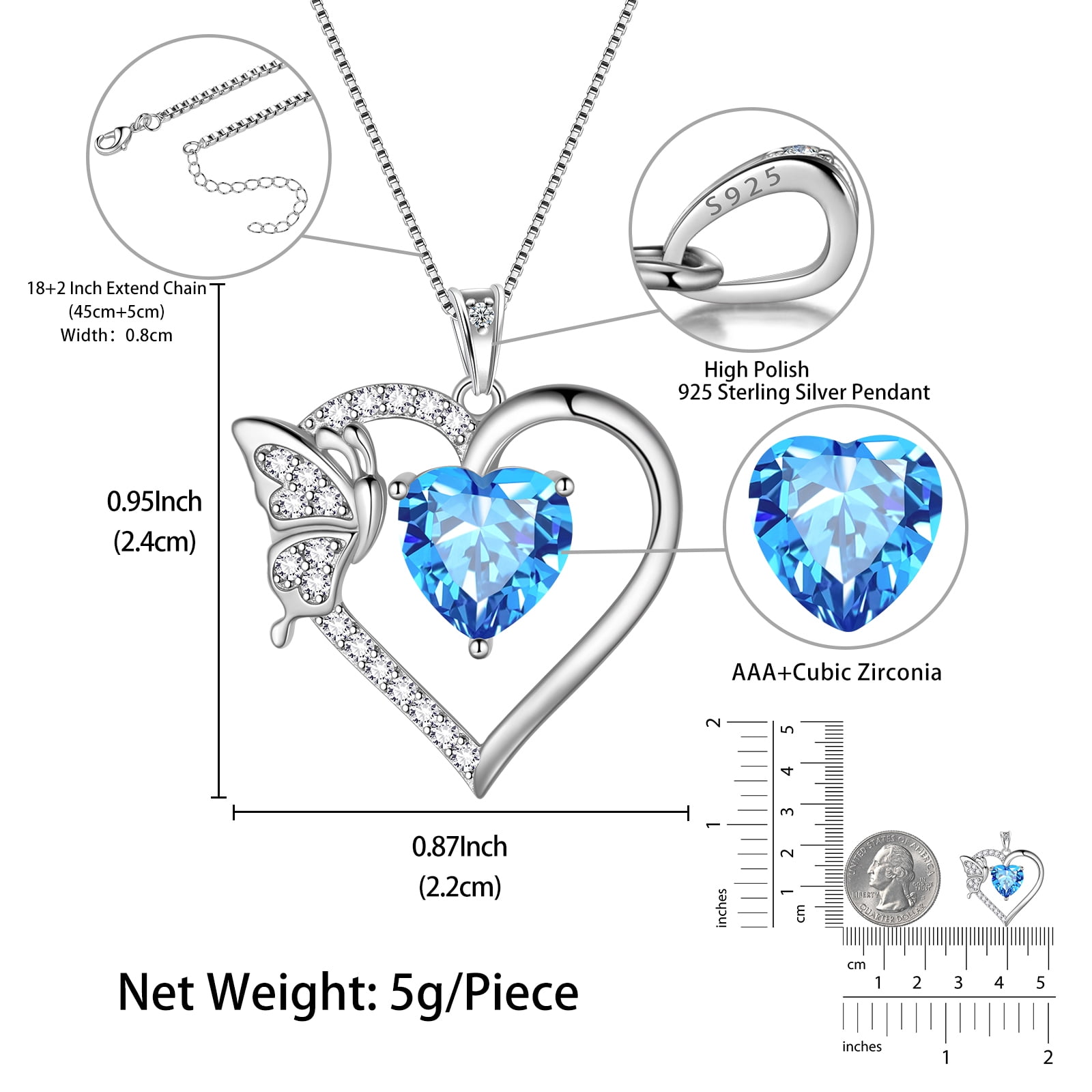 Blue Heart Necklace Butterfly March Birthstone Necklace Aquamarine 925 Sterling Silver Pendant Jewelry Women Christmas Birthday Mother's Day Gift