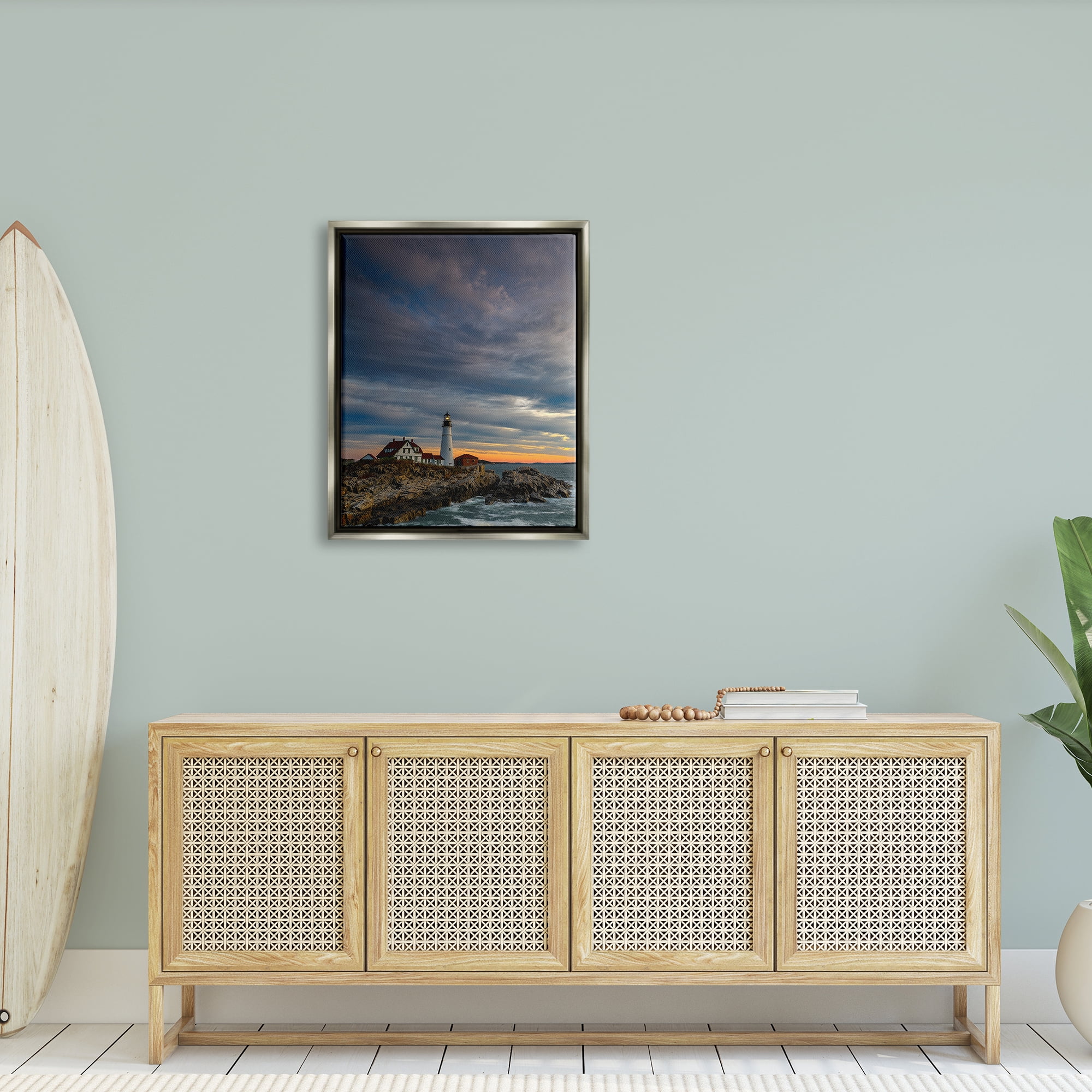 Stupell Seaside Lighthouse Beacon Coast Landscape Photography Gray Floater Framed Art Print Wall Art