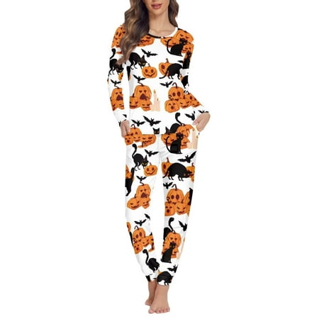 

NETILGEN Halloween Black Cat & Monsters Design Outfits Women Pajama Set Long Sleeve Multi-Season Sleepwear for Women Nightgown Loose Pj Set for Women Plus Size & 2 Pieces