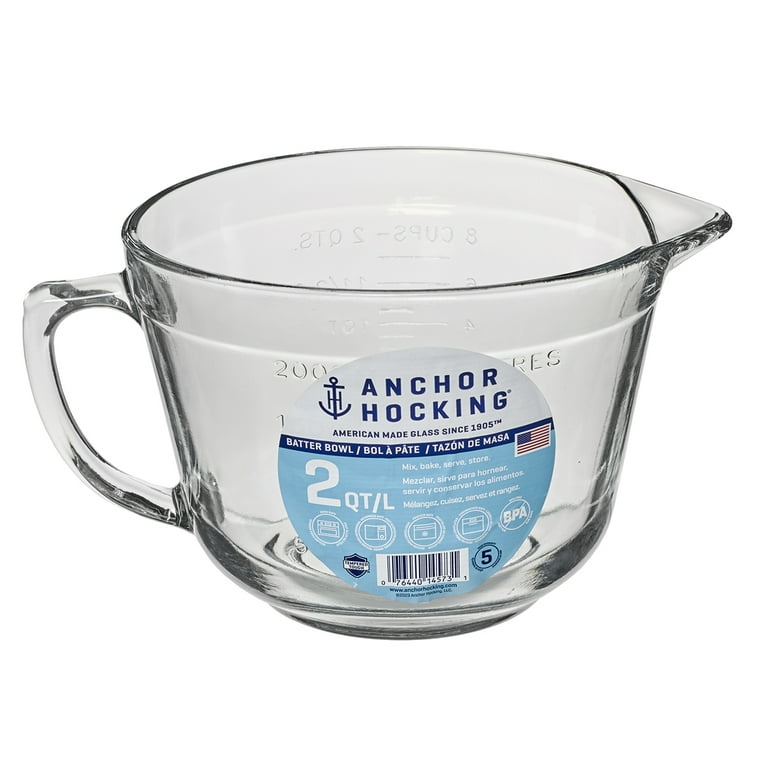 Large Anchor Hocking 8 Cup 2 Qt Mixing Batter Bowl Measuring Cup Clear Glass  With Lid 