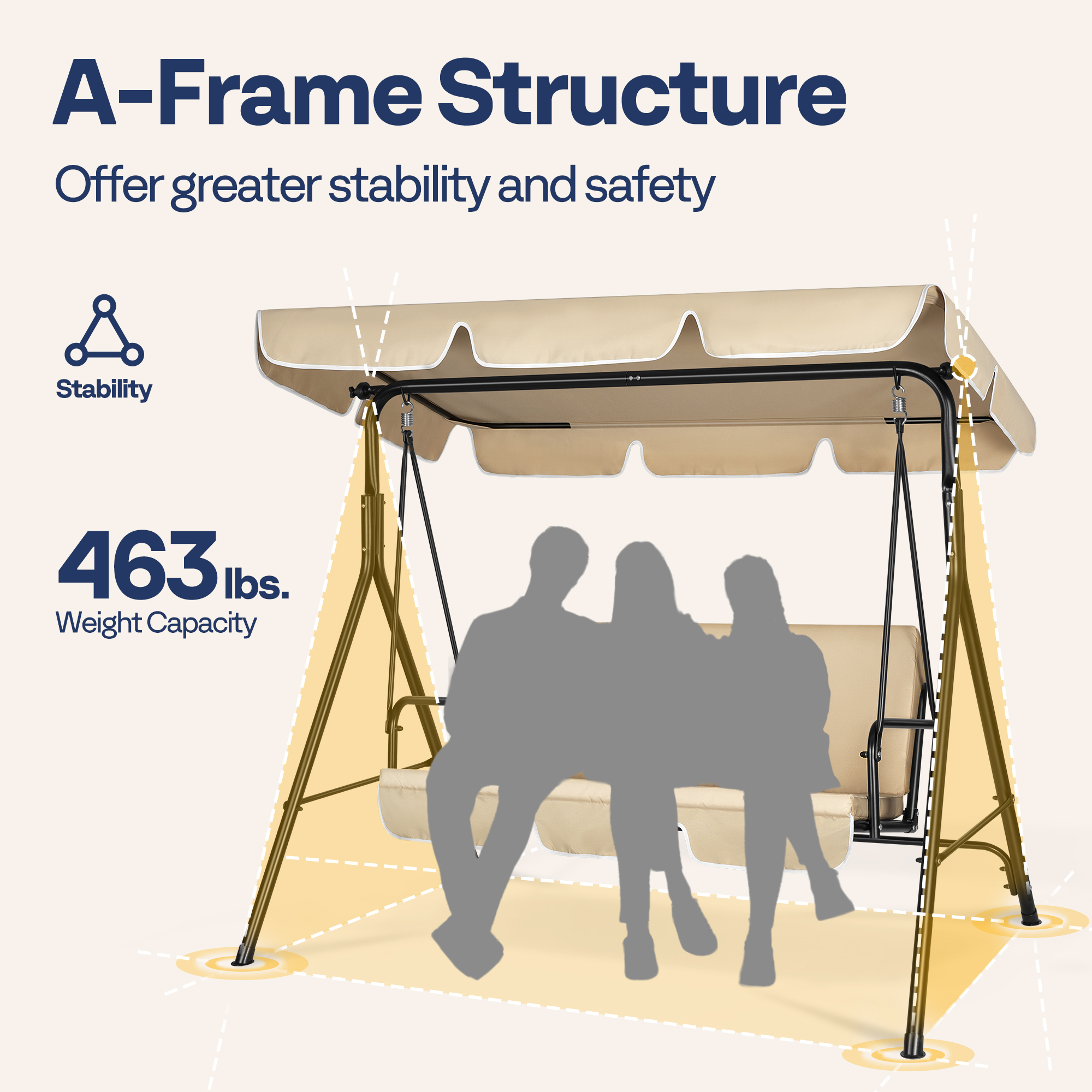 VIVOHOME 3 Seat Porch Swing Chair with Converting Canopy&Removable Cushion, Cushioned Steel Frame Porch Canopy Swing Chair, Swing Glider Hammock for Patio, Garden, Beige